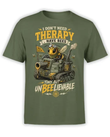 Funny bee riding a honey-dripping tank on an olive green bee graphic t-shirt