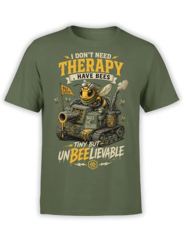 Funny bee riding a honey-dripping tank on an olive green bee graphic t-shirt