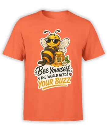 Coral bee t-shirt with a striped bee in sunglasses, honey jar, flower, and “Bee Yourself” message