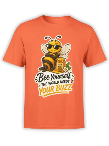 Coral bee t-shirt with a striped bee in sunglasses, honey jar, flower, and “Bee Yourself” message