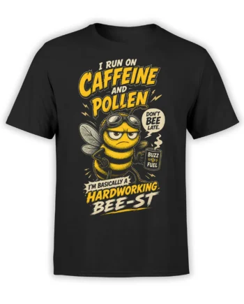 Black T-shirt with a funny yellow bee wearing aviator goggles and holding a mug labeled Buzz Fuel
