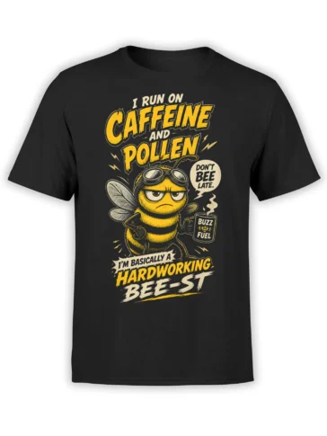 Black T-shirt with a funny yellow bee wearing aviator goggles and holding a mug labeled Buzz Fuel
