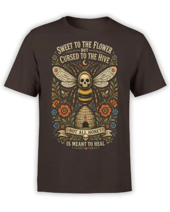 Brown T-shirt with a skull-faced bee, floral frame, decorated hive, and vintage “Not All Honey” lettering