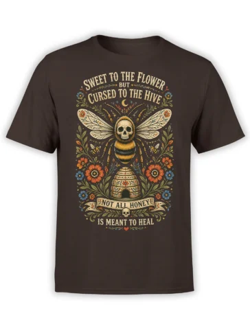 Brown T-shirt with a skull-faced bee, floral frame, decorated hive, and vintage “Not All Honey” lettering