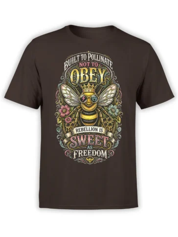 Crowned bee graphic with flowers, honeycomb, and “Rebellion Is Sweet” lettering on a brown shirt