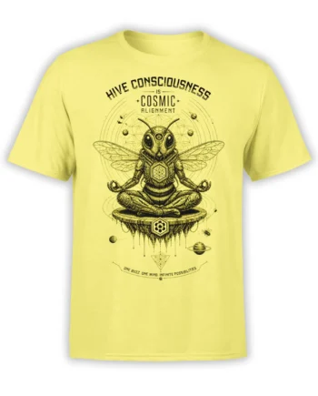 Yellow T-shirt with a meditating bee, planets, sacred geometry, and cosmic alignment lettering