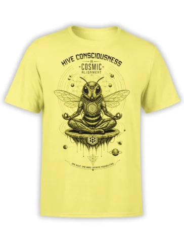 Yellow T-shirt with a meditating bee, planets, sacred geometry, and cosmic alignment lettering