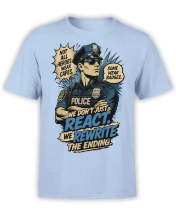 Vintage comic police officer graphic with badge and bold hero message on a light blue T-shirt