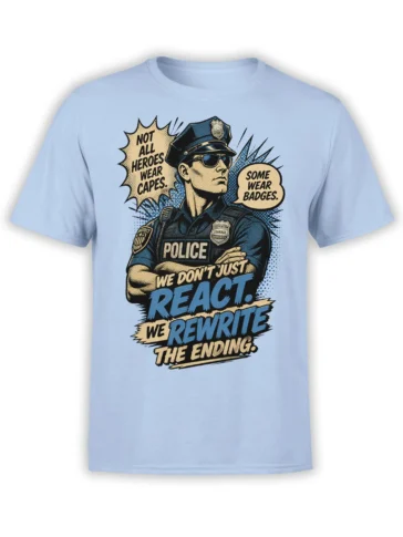 Vintage comic police officer graphic with badge and bold hero message on a light blue T-shirt