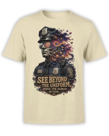 Beige police T-shirt with a cosmic uniformed figure and the message See Beyond the Uniform