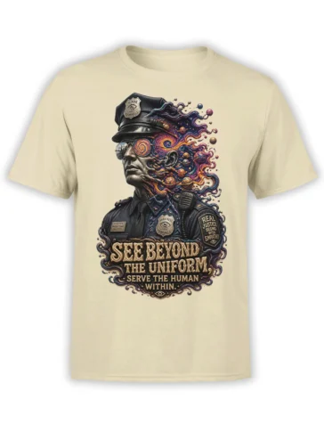 Beige police T-shirt with a cosmic uniformed figure and the message See Beyond the Uniform