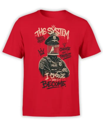 Red police graphic T-shirt with a caged bird head, crown symbols, and rebellious graffiti lettering