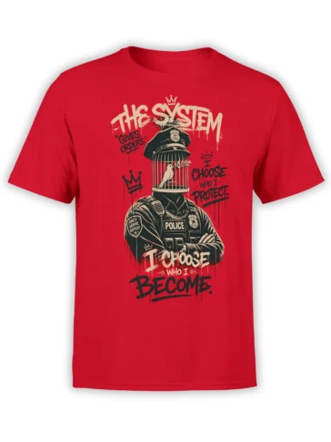 Red police graphic T-shirt with a caged bird head, crown symbols, and rebellious graffiti lettering