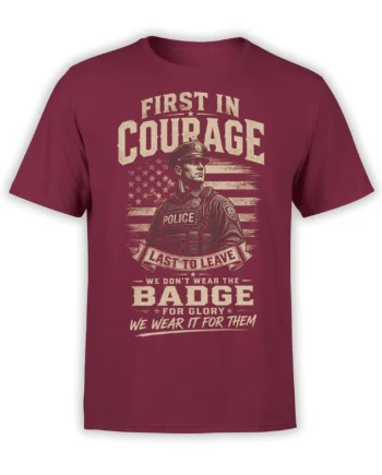 Vintage police officer graphic with American flag and courage message on a burgundy T-shirt
