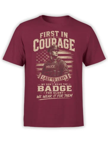 Vintage police officer graphic with American flag and courage message on a burgundy T-shirt