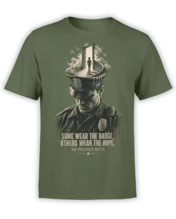 Surreal police officer graphic on a green shirt with an open door, winding stairs, birds, and a message of hope