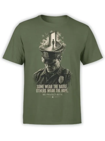 Surreal police officer graphic on a green shirt with an open door, winding stairs, birds, and a message of hope