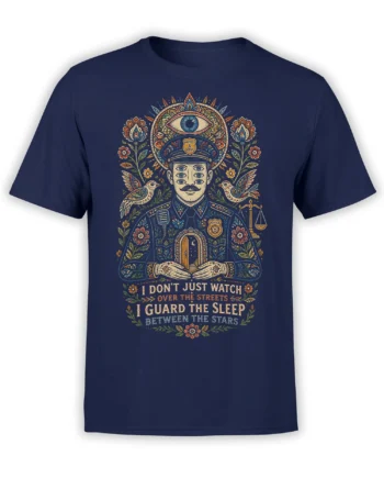 Mystical police guardian graphic with birds, flowers, stars, and lettering on a navy T-shirt