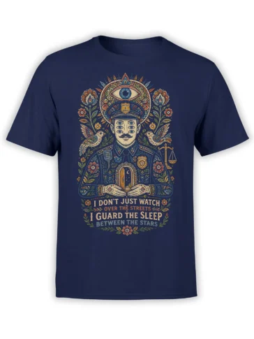 Mystical police guardian graphic with birds, flowers, stars, and lettering on a navy T-shirt