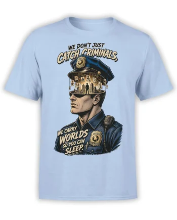 Light blue police officer T-shirt with city skyline, case files, badges, and a heroic vintage illustration