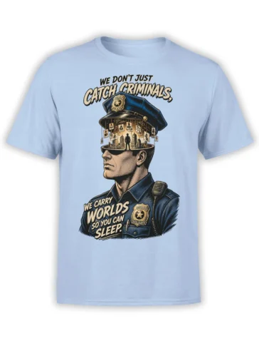 Light blue police officer T-shirt with city skyline, case files, badges, and a heroic vintage illustration