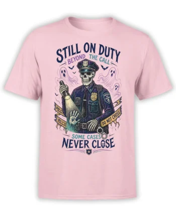 Pink police t-shirt with skeleton officer, ghosts, bats, and “Some Cases Never Close” artwork