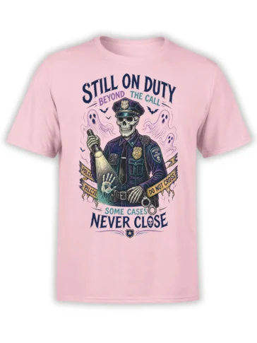 Pink police t-shirt with skeleton officer, ghosts, bats, and “Some Cases Never Close” artwork