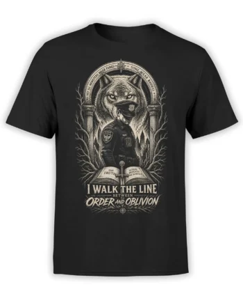 Gothic wolf and police officer graphic with open book and order versus oblivion text on a black T-shirt
