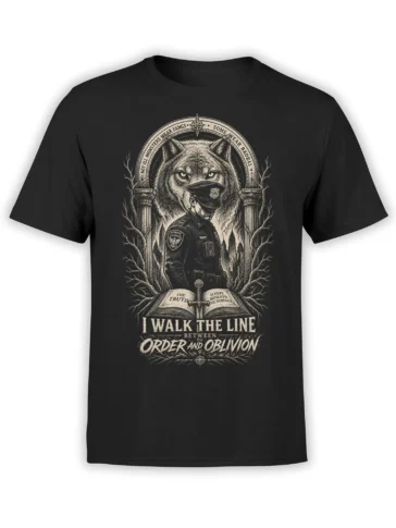 Gothic wolf and police officer graphic with open book and order versus oblivion text on a black T-shirt