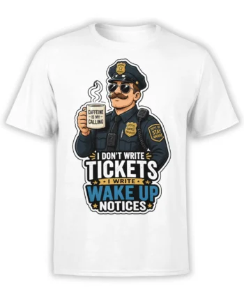 White T-shirt with a mustached coffee patrol officer, steaming mug, badges, and a bold wake-up notice slogan