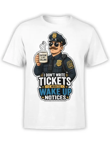 White T-shirt with a mustached coffee patrol officer, steaming mug, badges, and a bold wake-up notice slogan