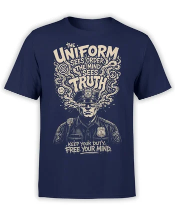 Front view of navy police graphic tee with bold freedom of thought lettering and a stern illustrated uniformed figure