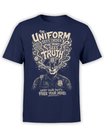 Front view of navy police graphic tee with bold freedom of thought lettering and a stern illustrated uniformed figure