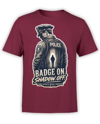 Vintage police officer graphic with a shadowy alley figure and Badge On Shadow Off text on a burgundy T-shirt