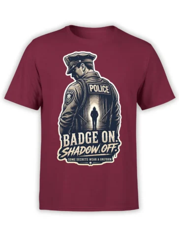 Vintage police officer graphic with a shadowy alley figure and Badge On Shadow Off text on a burgundy T-shirt
