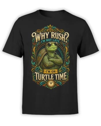 Black turtle T-shirt with sunglasses, ornate vintage lettering, and a decorative clock