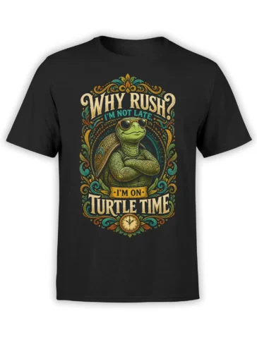 Black turtle T-shirt with sunglasses, ornate vintage lettering, and a decorative clock