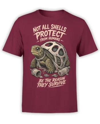 Front view of a burgundy turtle T-shirt with tearful turtle artwork and a wildlife protection message