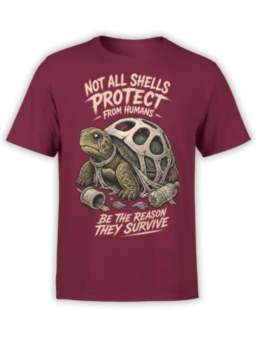Front view of a burgundy turtle T-shirt with tearful turtle artwork and a wildlife protection message