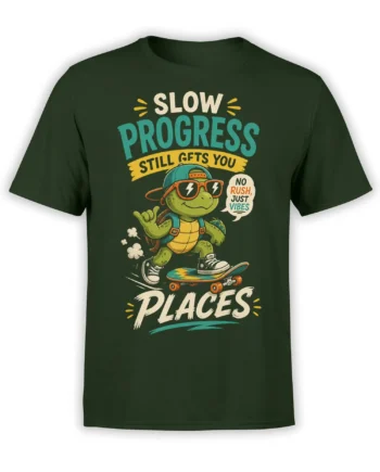 Dark green turtle skateboard T-shirt with colorful “Slow Progress” lettering and a “No Rush, Just Vibes” speech bubble