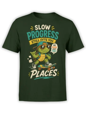 Dark green turtle skateboard T-shirt with colorful “Slow Progress” lettering and a “No Rush, Just Vibes” speech bubble