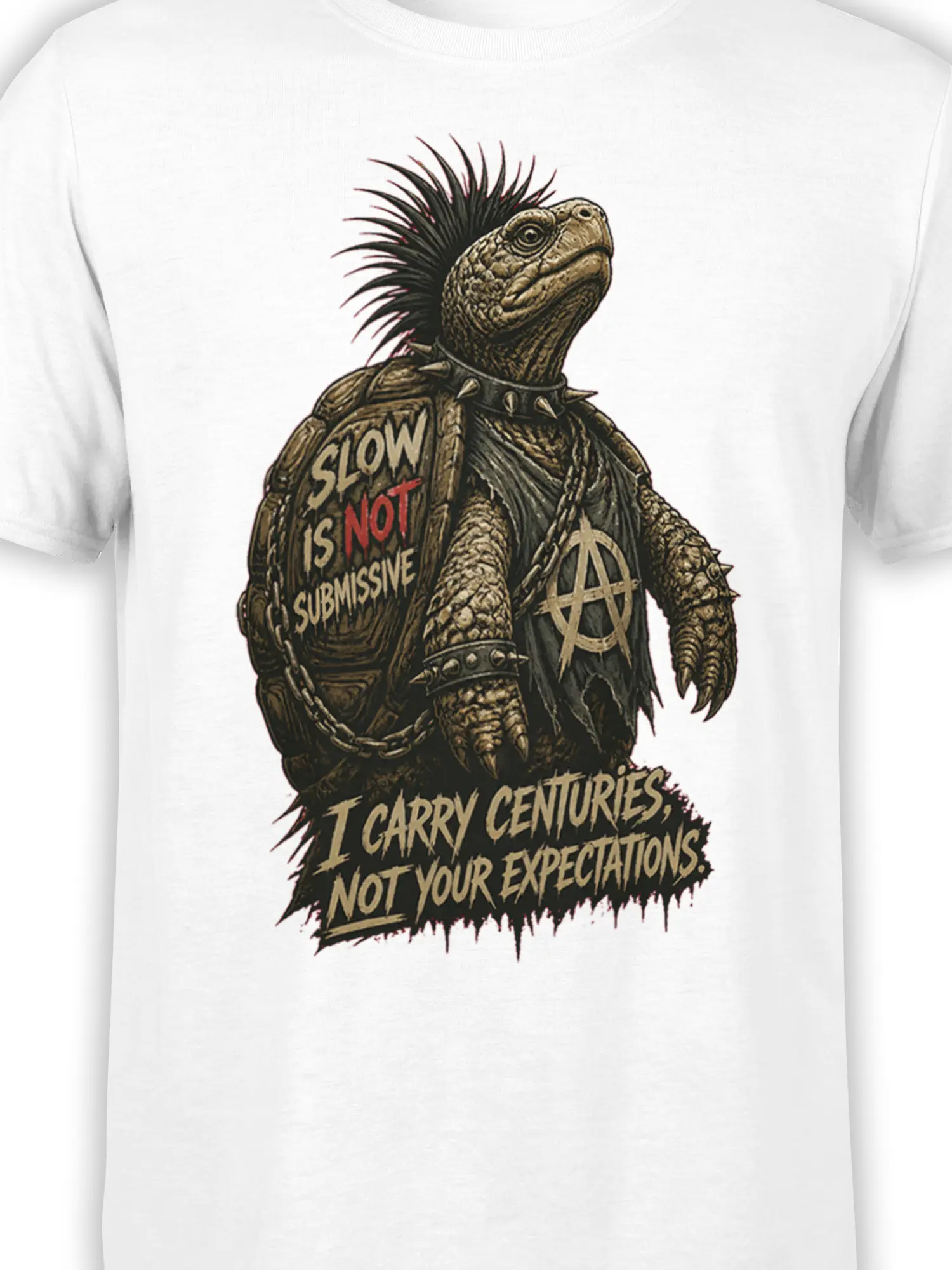 Close-up of punk turtle artwork with mohawk, spiked accessories, anarchy symbol, and “Slow Is Not Submissive” text