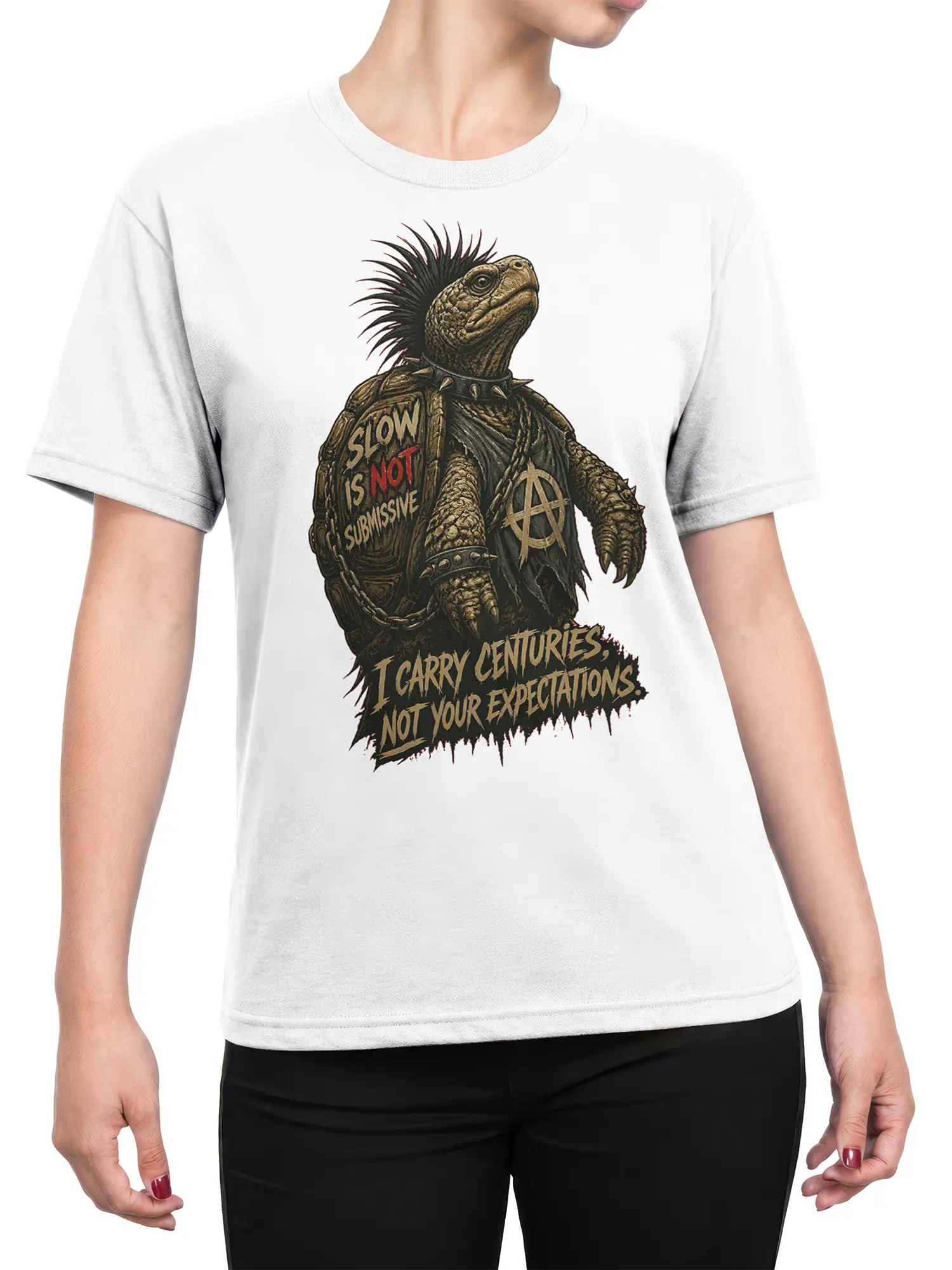 Female torso wearing a white T-shirt with a rebellious punk turtle, mohawk, spikes, chain, and anarchy symbol