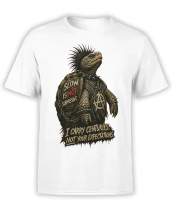 Punk turtle with a mohawk, spiked collar, chain, anarchy symbol, and bold text on a white T-shirt