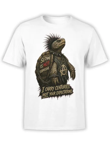 Punk turtle with a mohawk, spiked collar, chain, anarchy symbol, and bold text on a white T-shirt