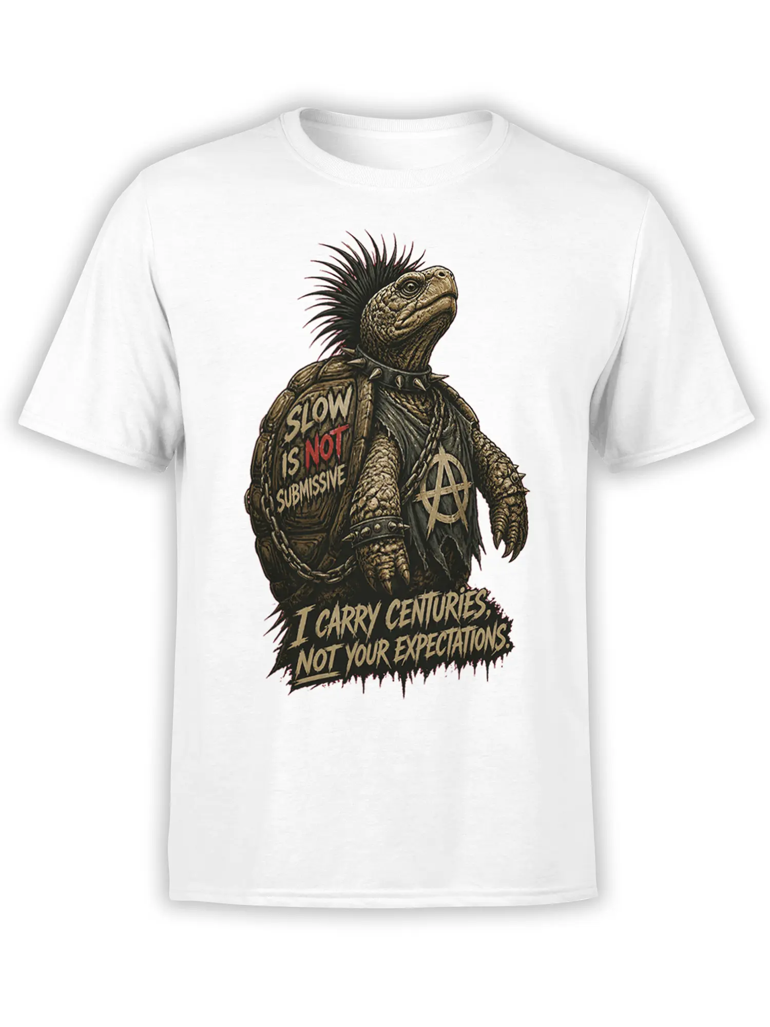 Punk turtle with a mohawk, spiked collar, chain, anarchy symbol, and bold text on a white T-shirt
