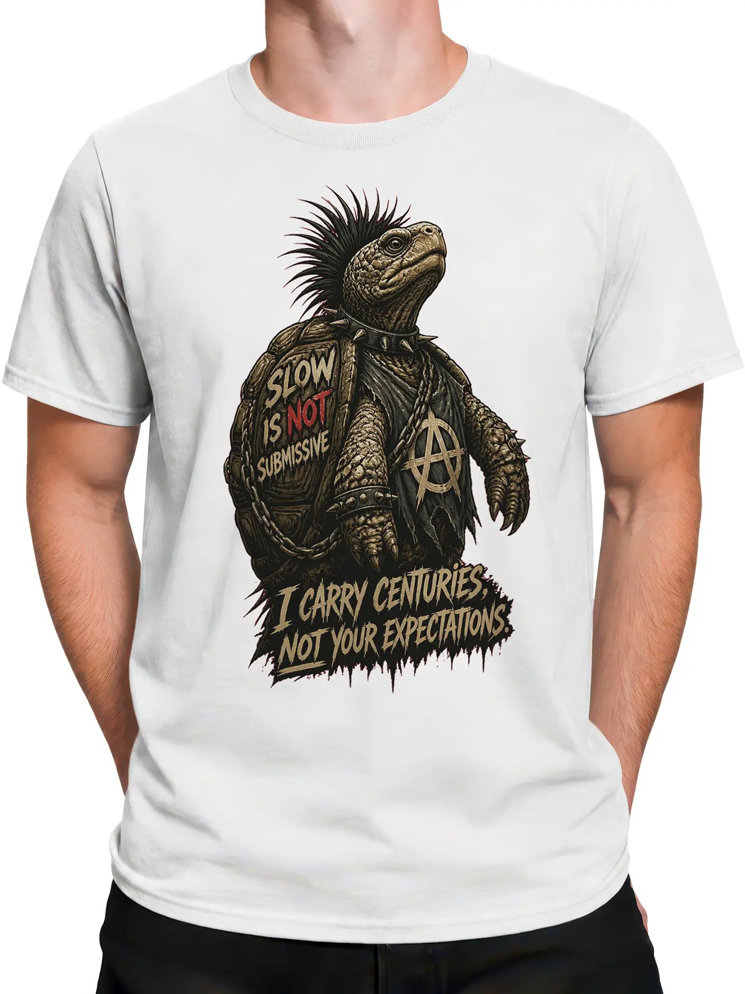 Male torso wearing a white T-shirt with a mohawk turtle, spiked collar, chain, anarchy symbol, and bold text