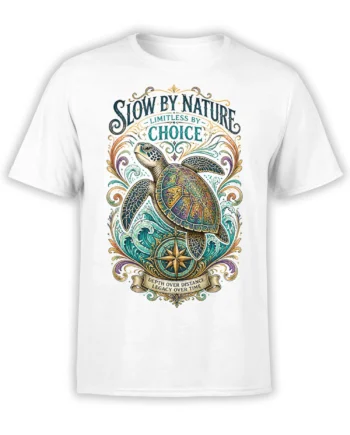 Ornate sea turtle T-shirt in white with waves, compass rose, and “Slow by Nature” lettering