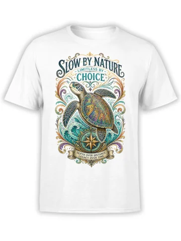 Ornate sea turtle T-shirt in white with waves, compass rose, and “Slow by Nature” lettering