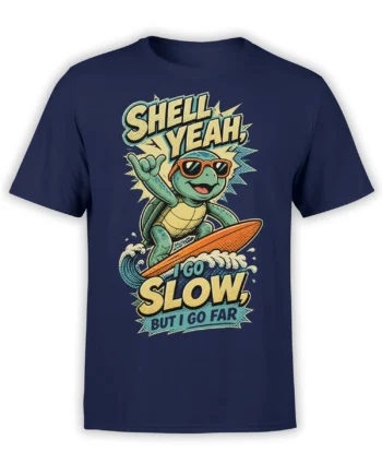 Retro green turtle surfing on an orange board with sunglasses and “Shell Yeah” art on a navy T-shirt